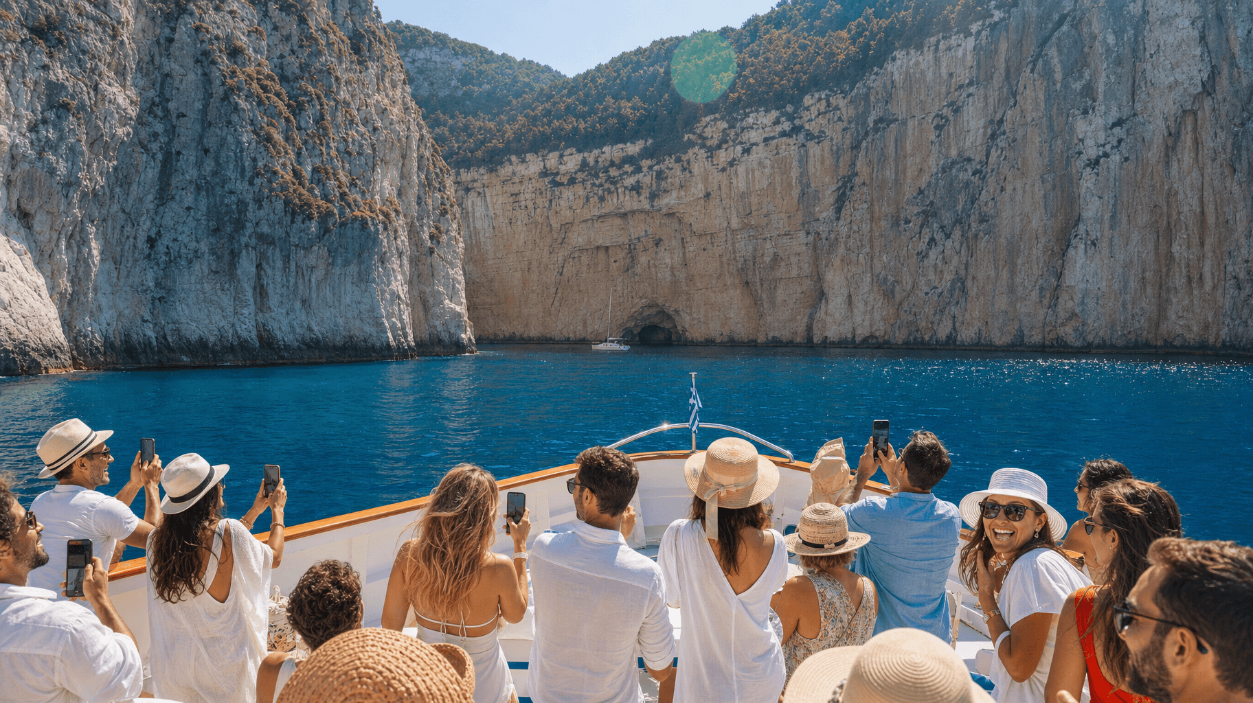 paxos-tour-group-boat-deck-cliffs