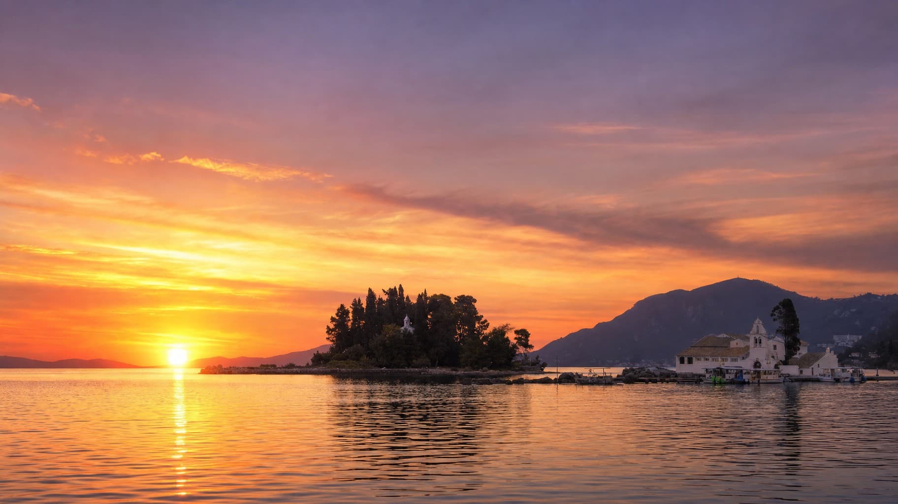 sunset-pontikonisi-vlacherna-orange-sky
